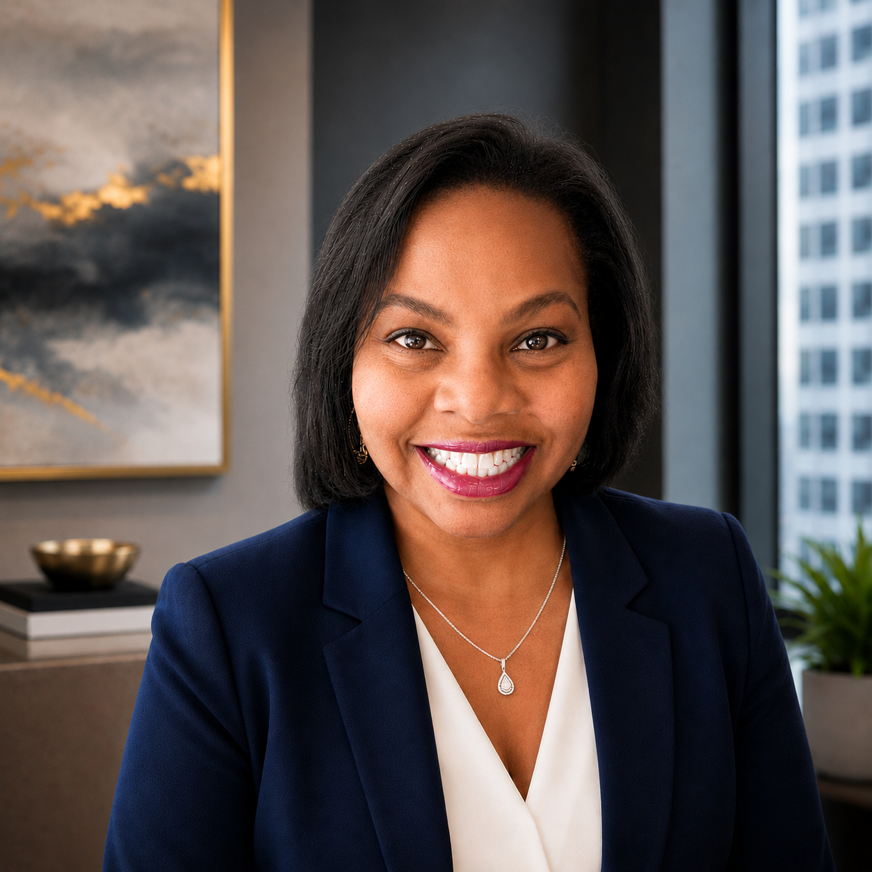 Veda Jackson, founder of Build And Elevate Solutions, in a navy blazer in a modern executive office