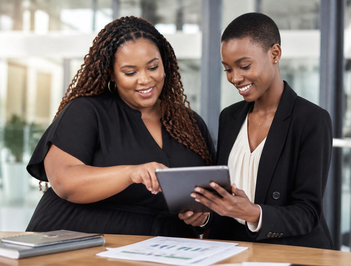 Two African American businesswomen reviewing financial reports on a tablet in a modern office